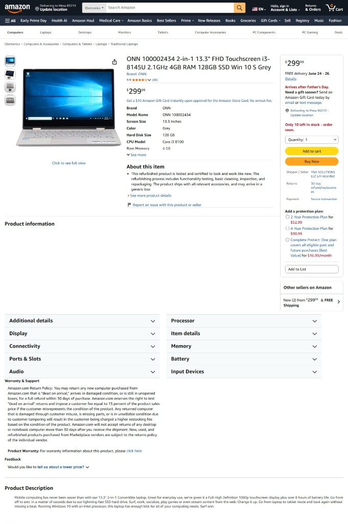 ONN 100002434 Amazon listing screenshot showing $299 price and i3 specs