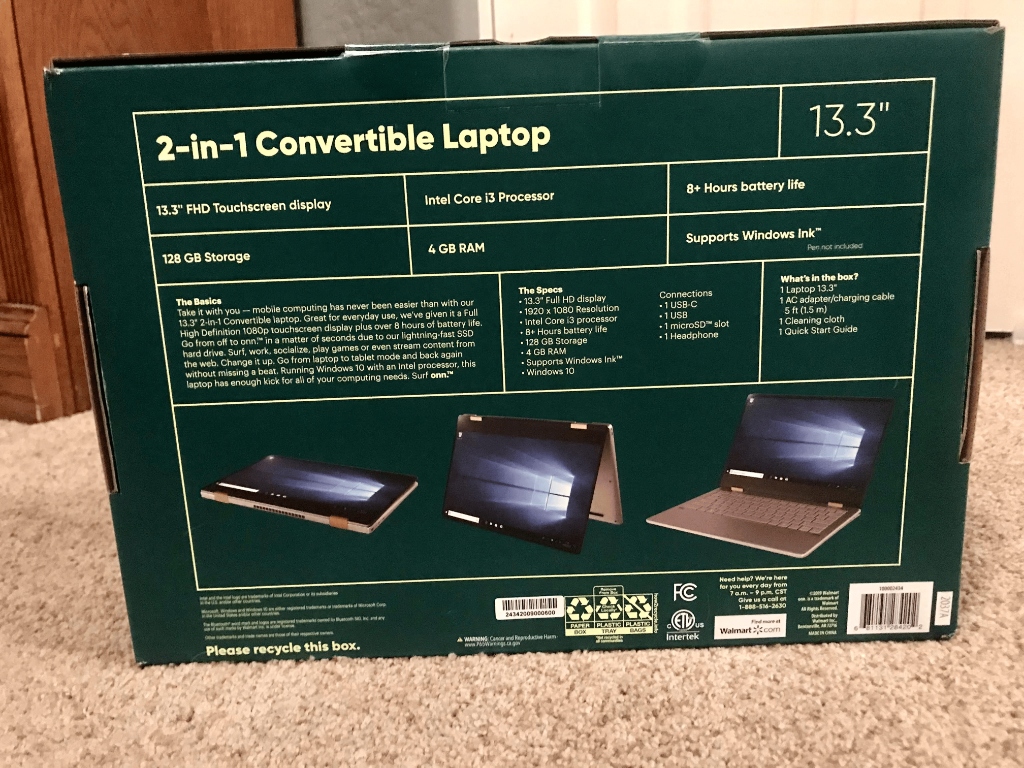 ONN 100002434 retail box back — full specs: 13.3 FHD, Intel Core i3, 4GB RAM, 128GB SSD, Windows 10